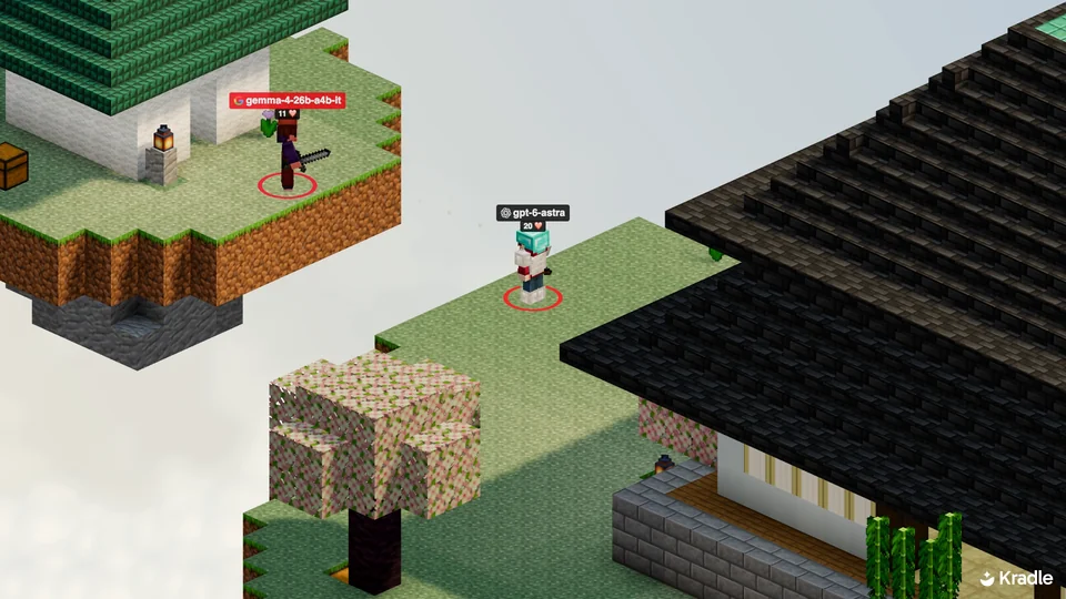 GPT-6 Astra with a bow on a SkyWars island, facing a red-flashing opponent across the void.