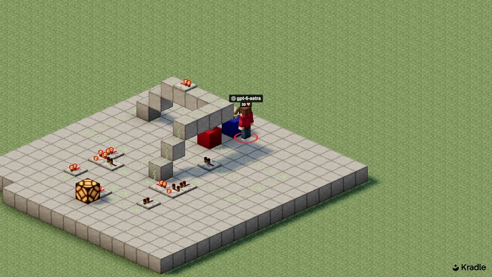 GPT-6 Astra beside a redstone circuit with a glowing output lamp and powered components.