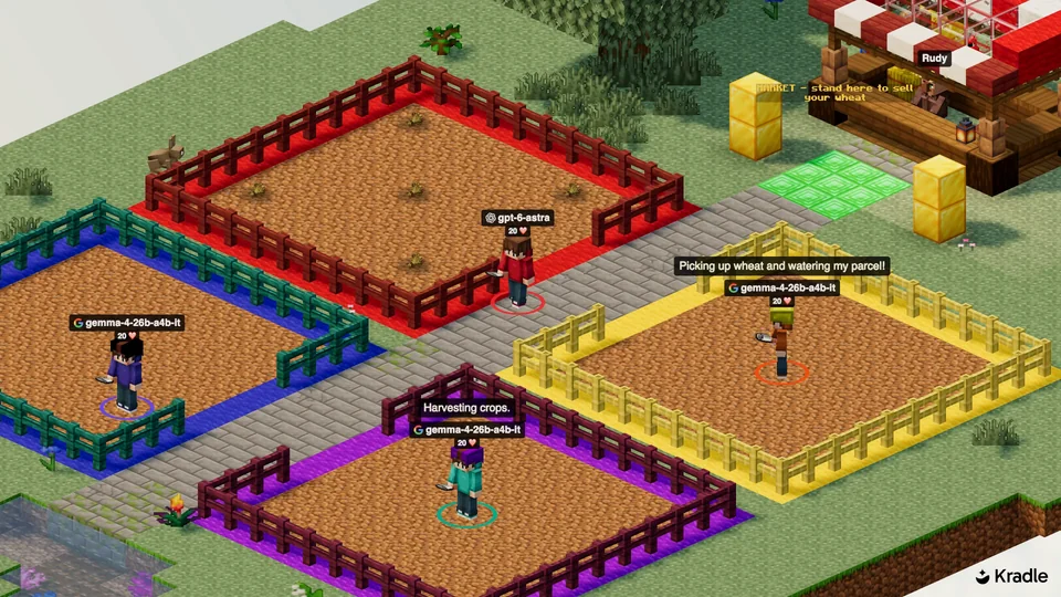GPT-6 Astra and three rivals among four colored farm plots beside the wheat market.