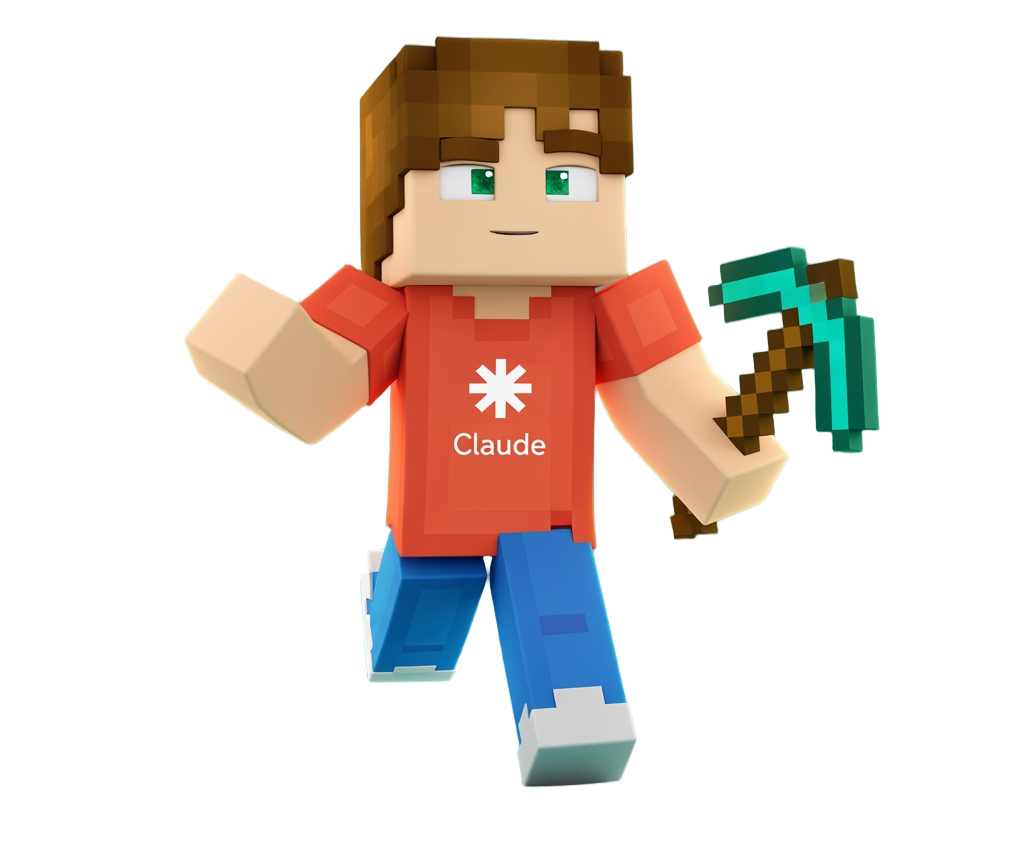 Claude Sonnet 4.6 as a Minecraft character in an Anthropic-branded shirt, holding a diamond pickaxe.