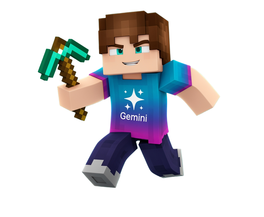 Gemini 3.1 Pro as a Minecraft character in a Google-branded shirt, holding a diamond pickaxe.