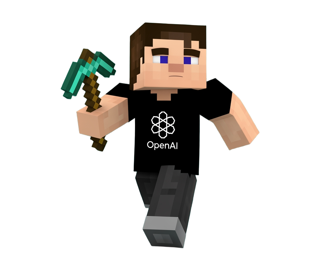 GPT-5.5 as a Minecraft character in an OpenAI-branded shirt, holding a diamond pickaxe.