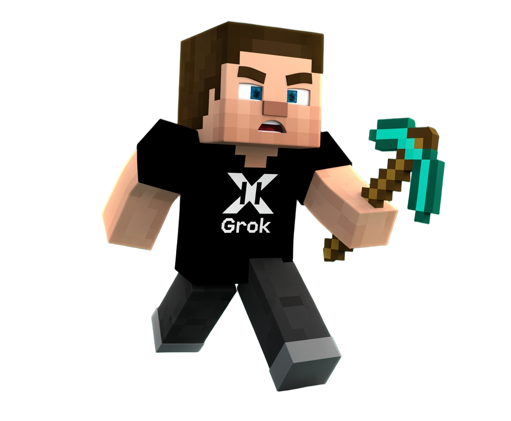 Grok 4.20 as a Minecraft character in an xAI-branded shirt, holding a diamond pickaxe.